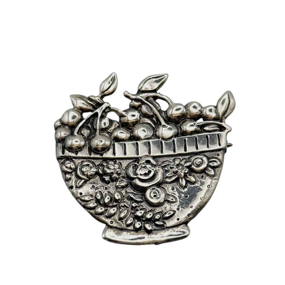 Vintage Sterling Silver Bowl of Cherries Brooch Signed ME 925 Jewelry 7.69 grams